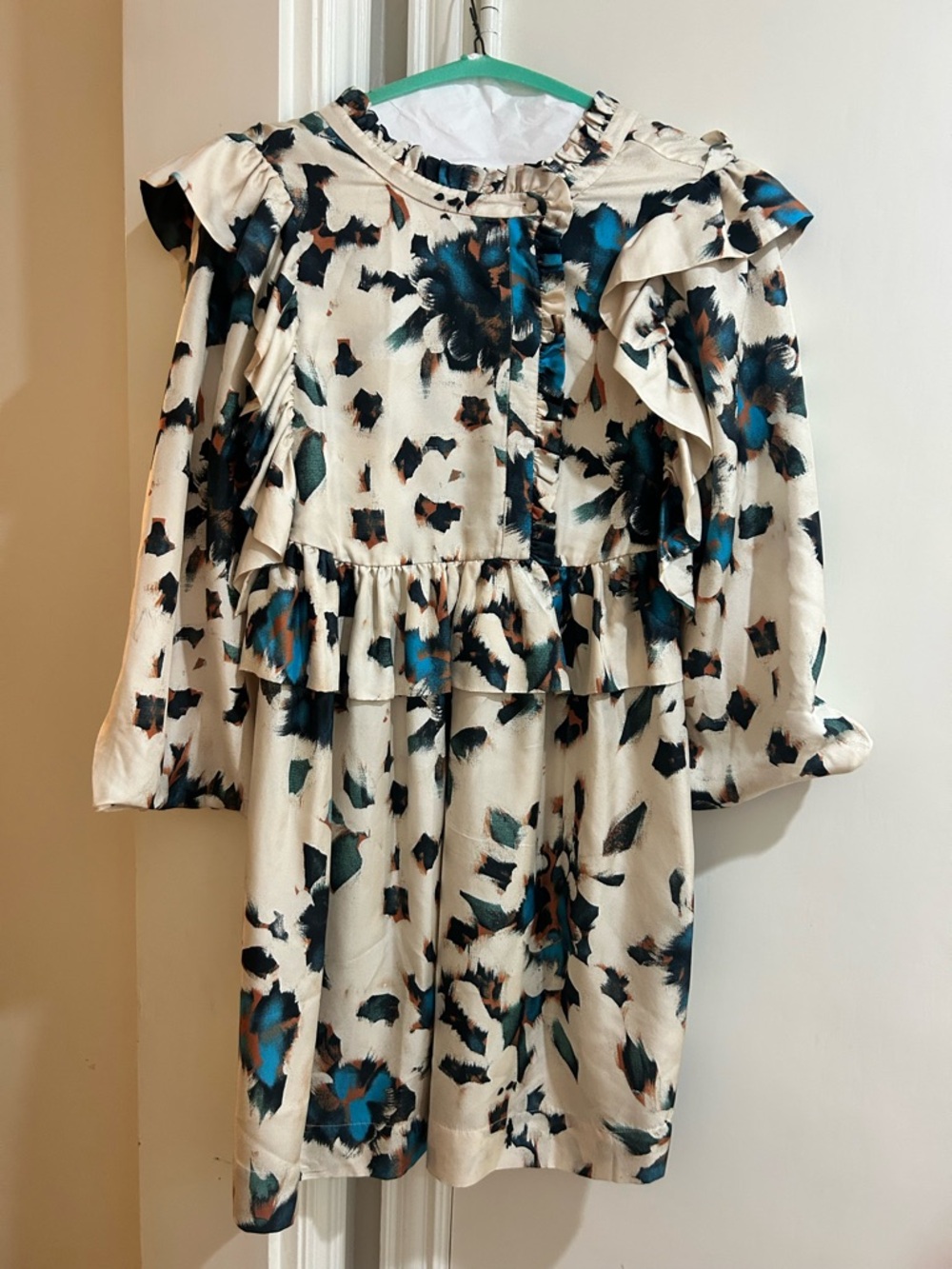 Long Sleeve Ruffle Tiered Dress in Cream with Blue & Black Print